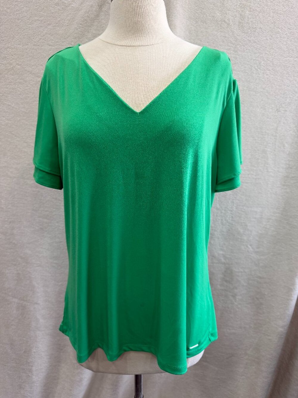 Calvin Klein Green Blouse Top Flutter Sleeve V-Neck Stretch Sz XL